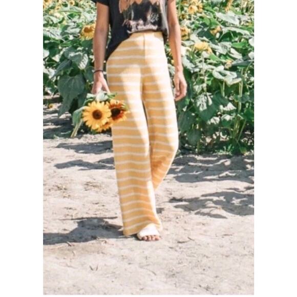 ZARA Womens yellow Striped High Waist Rustic Knit Wide Leg Trousers Size Large - Picture 7 of 7